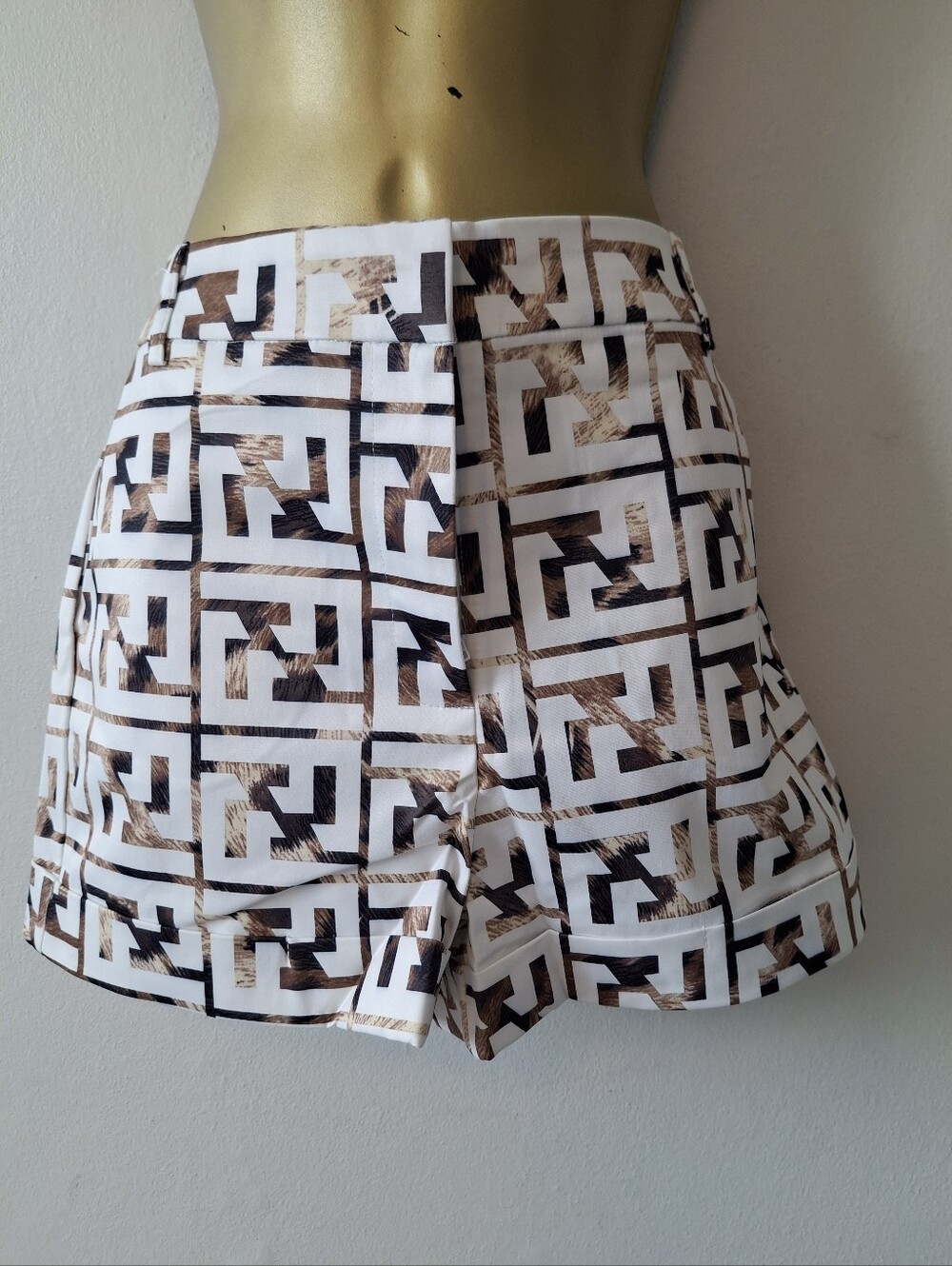Ovi White & Brown Geometric Print High-Waist Shorts